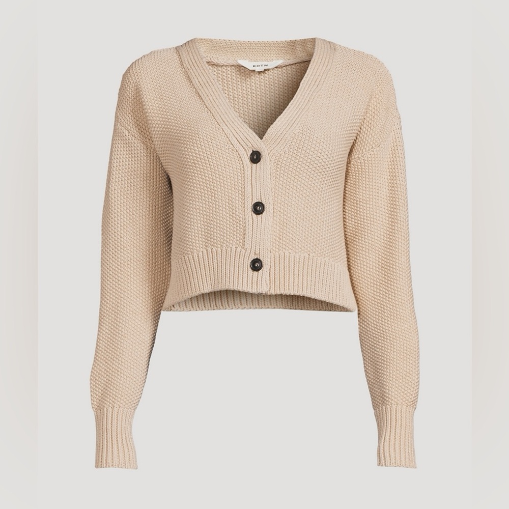 KOTN Cotton Cropped Button-Front V-Neck Cardigan Sweater - Beige S